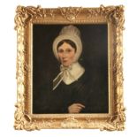 A 19TH CENTURY OIL ON CANVAS. BUST PORTRAIT OF A LADY wearing a ribbon tied white bonnet, 67.5cm