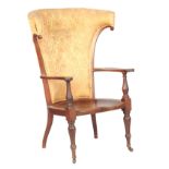 AN EARLY 20TH CENTURY LIBERTIES STYLE ARMCHAIR with barrel-shaped upholstered back, sweeping open
