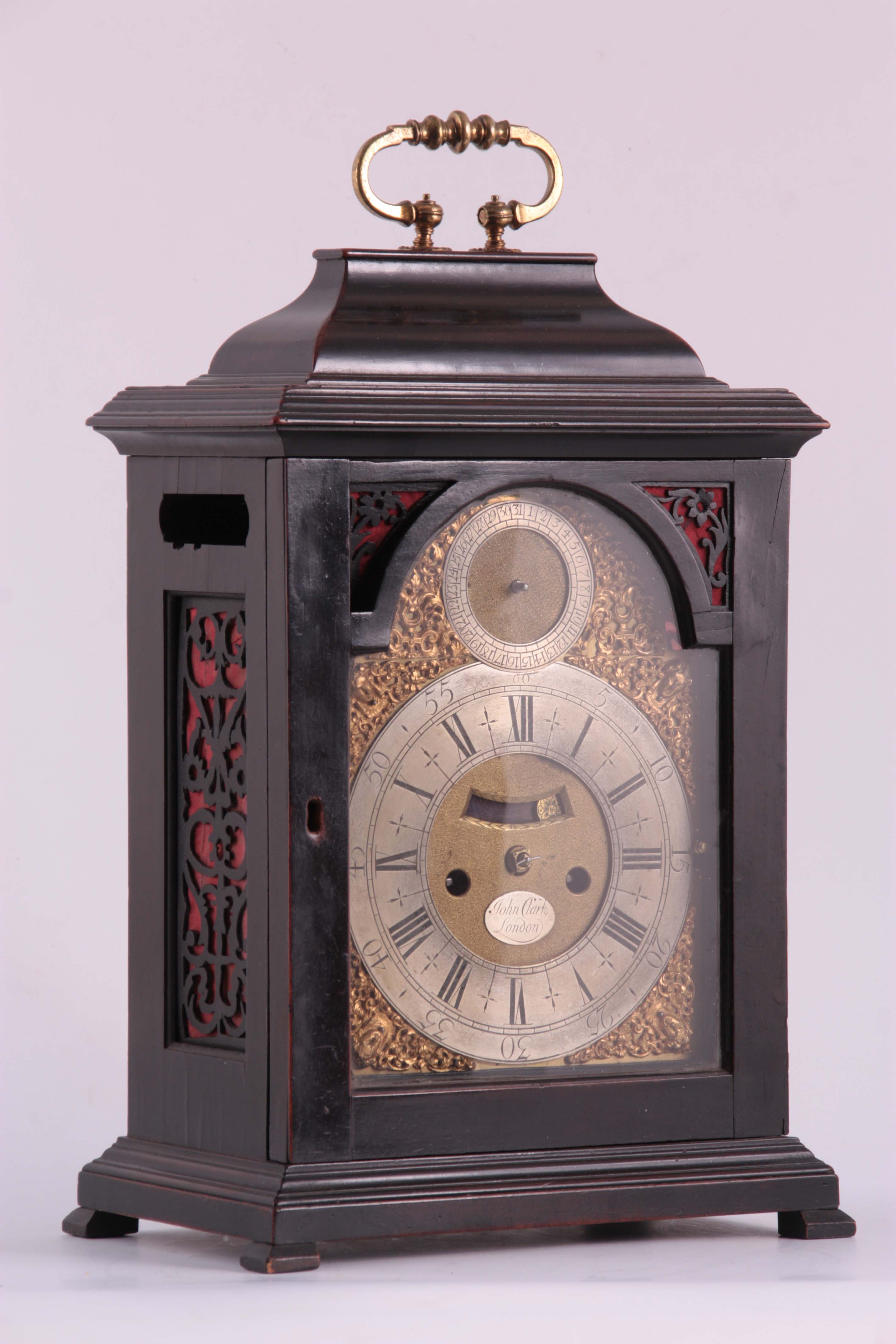 JOHN. CLARK, LONDON. AN EARLY 18TH CENTURY EBONISED BRACKET CLOCK the case with inverted bell top - Image 3 of 5