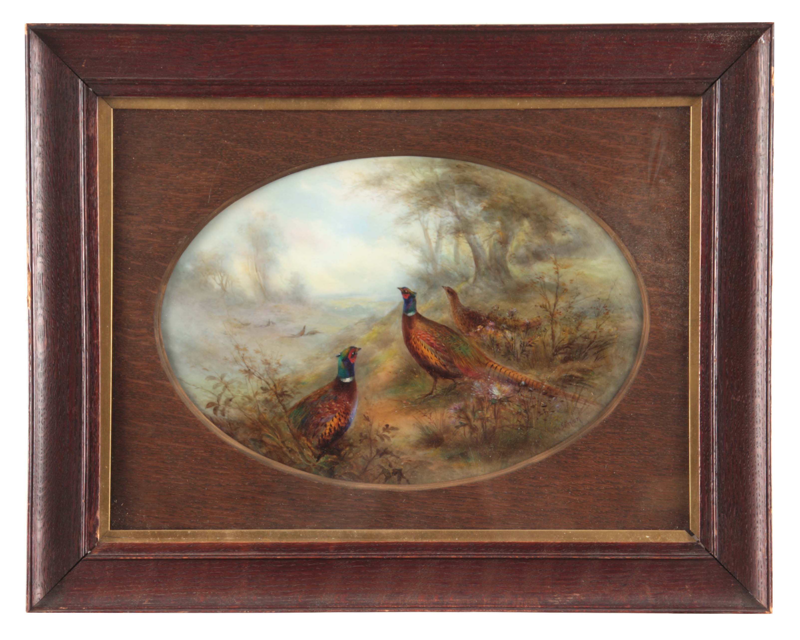 JAMES STINTON. A FINE ROYAL WORCESTER LARGE FRAMED OVAL PORCELAIN PLAQUE painted with cock and hen