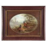 JAMES STINTON. A FINE ROYAL WORCESTER LARGE FRAMED OVAL PORCELAIN PLAQUE painted with cock and hen