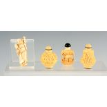 THREE LATE 19TH CENTURY CARVED IVORY CHINESE SNUFF BOTTLES finely decorated with figures and birds