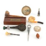 AN INTERESTING COLLECTION OF ITEMS to include a box of ivory spellicans, two pipes, a gilt framed