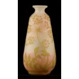 GALLE. AN EARLY 20TH CENTURY GLASS CAMEO VASE of tapering form with floral overlays and raised