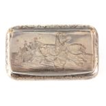 A 19TH CENTURY RUSSIAN SILVER ENGRAVED SNUFF BOX with horse-drawn Kosak's to the lid - hallmarked