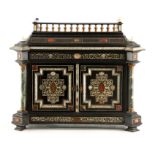 A 19TH CENTURY ITALIAN EBONY AND IVORY INLAID COLLECTORS CABINET SET WITH MARBLE AND PRECIOUS STONES