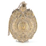 A 19TH CENTURY ORTHODOX POWDER FLASK brass & silver plated with repousse work, double-headed eagle