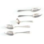 A SET OF FOUR GEORGE III SILVER TABLESPOONS AND LADLE 22.5cm long, app. weight 304g (9.7 troy oz.) -
