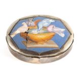 A 19TH CENTURY OVAL ITALIAN MICRO MOSAIC AND SILVER METAL SNUFF BOX depicting Pliny's doves