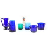 SEVEN PIECES OF LATE GEORGIAN BRISTOL BLUE GLASSWARE comprising of a water jug with Raspberry handle