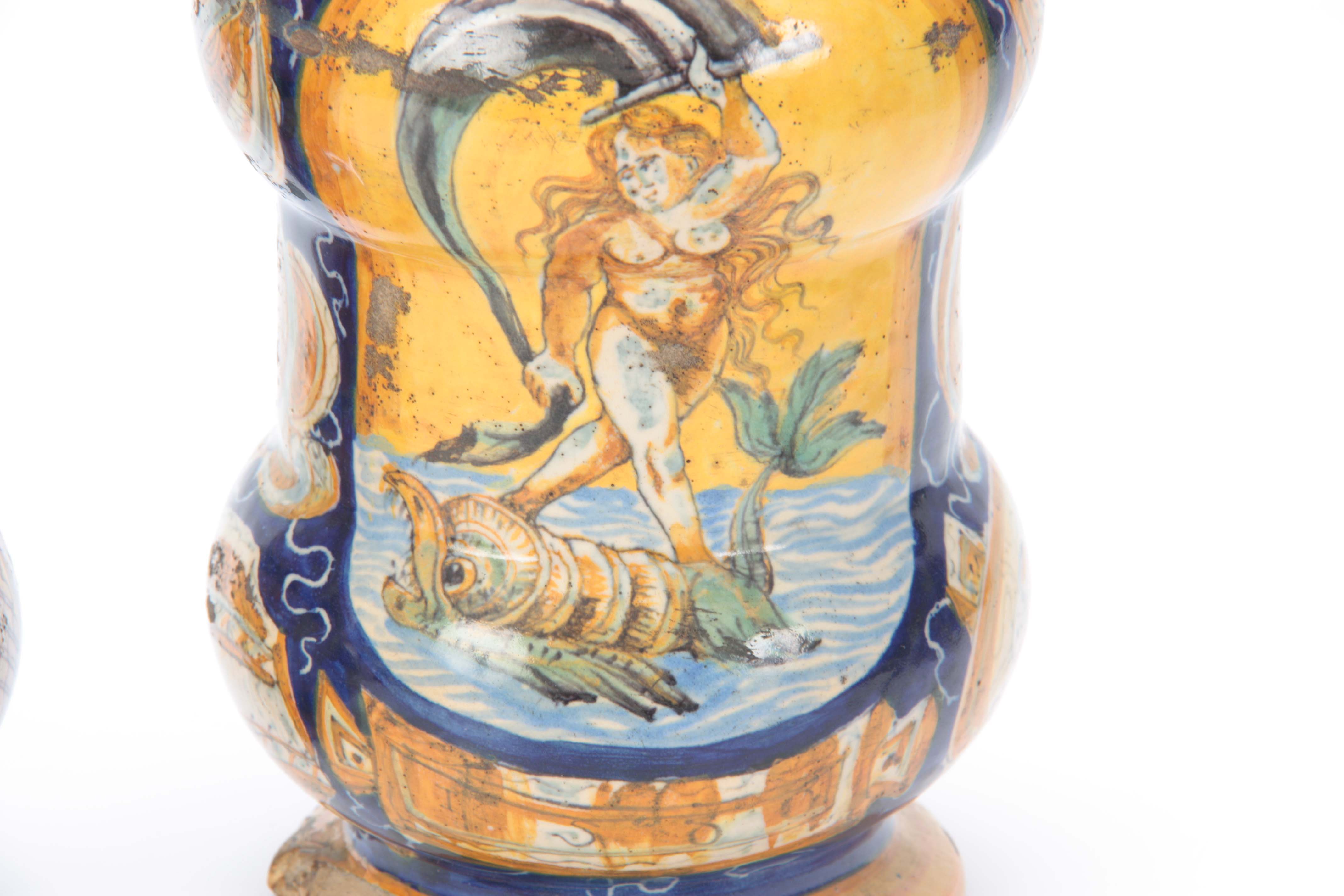 A PAIR OF CASTEL DURANTE MAIOLICA ALBARELLI DATED 1580 each painted with Venus riding a dolphin - Image 4 of 7