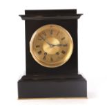 A LATE 19TH CENTURY FRENCH BLACK SLATE MANTEL CLOCK the square case with moulded pediment and plinth