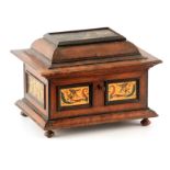 A LATE 19TH CENTURY WALNUT AND PAINTED AESTHETIC WORK BOX the hinged caddy style top having a