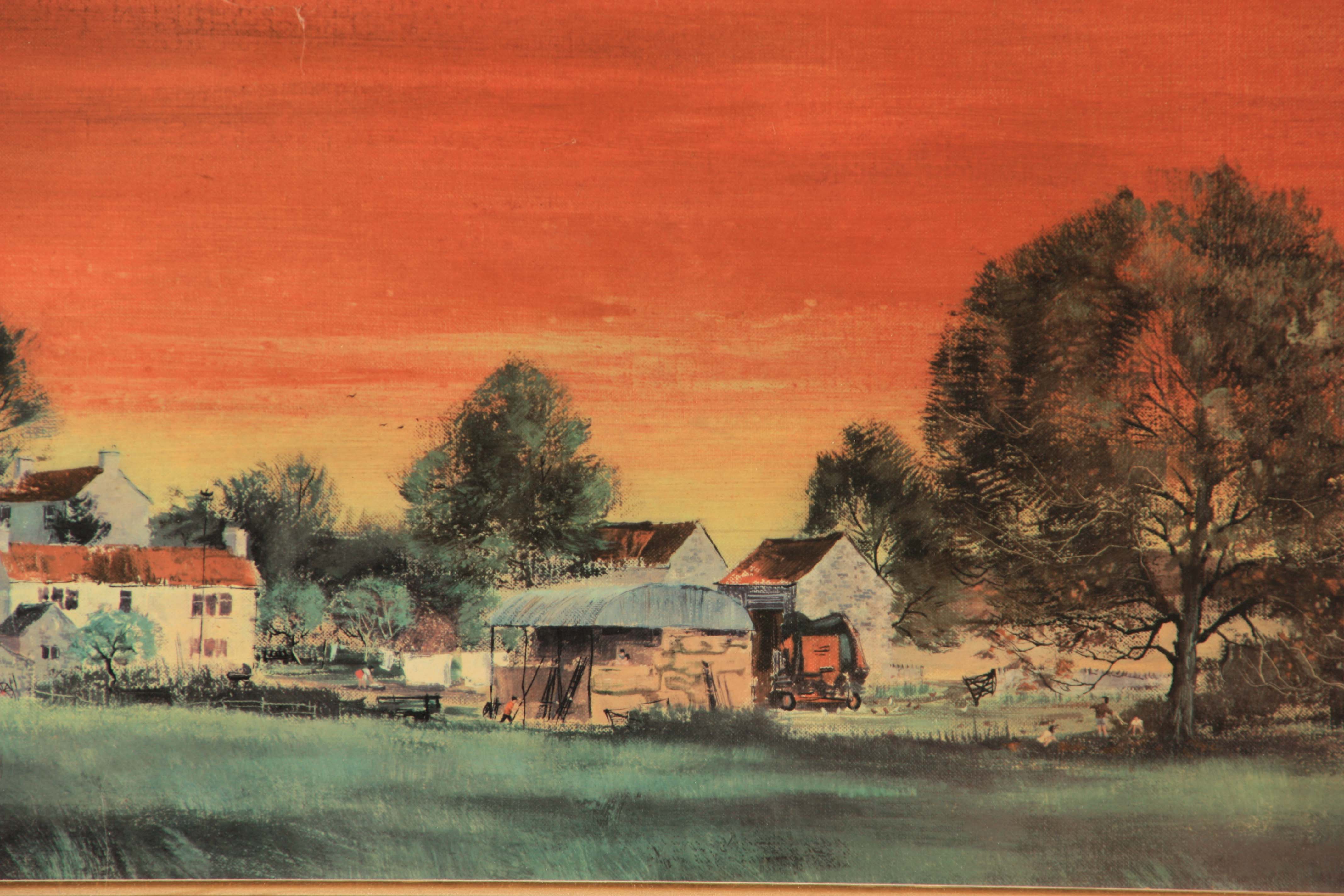 MICHAEL DAVID BARNFATHER BORN 1934 PRINT of a panoramic village scene at sunset, titled - - Image 3 of 6