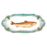 A LARGE LATE 19TH CENTURY FRENCH LIMOGES FISH PLATE with blue shaped border and gilt floral