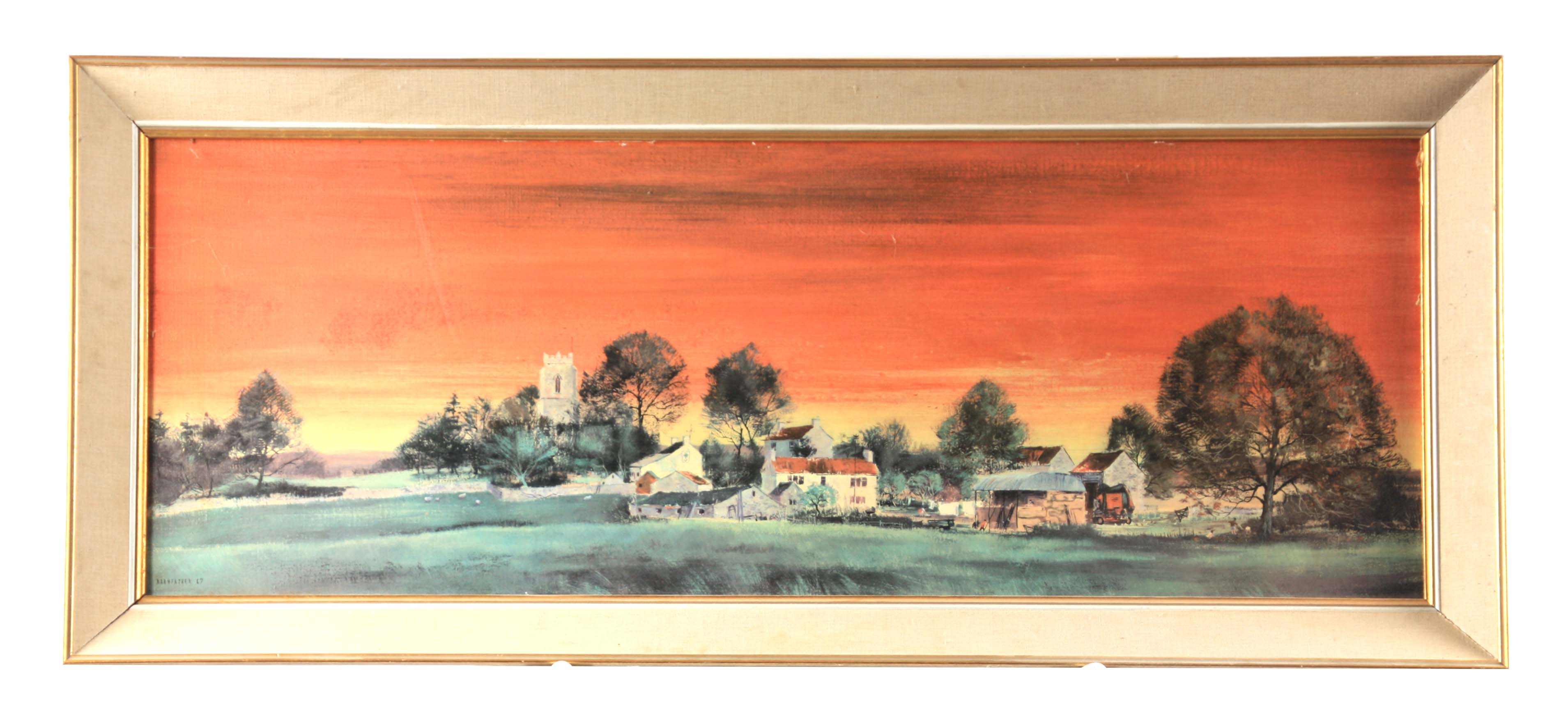 MICHAEL DAVID BARNFATHER BORN 1934 PRINT of a panoramic village scene at sunset, titled -