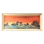 MICHAEL DAVID BARNFATHER BORN 1934 PRINT of a panoramic village scene at sunset, titled -