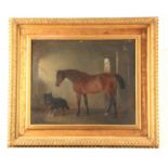 J.D. A LATE 19TH CENTURY OIL ON CANVAS, Stable scene with racehorse standing beside a sheepdog
