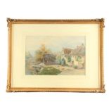 A 19TH CENTURY WATERCOLOUR OF A VILLAGE COTTAGE SCENE with figure, dog and poultry by a bridge