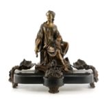 A LATE 19TH CENTURY FIGURAL BRONZE INKSTAND with classical seated female figure flanked by dragons
