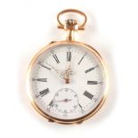 AN EARLY 20TH CENTURY FRENCH 18CT GOLD OPEN FACE POCKET WATCH the case with engine turned scroll