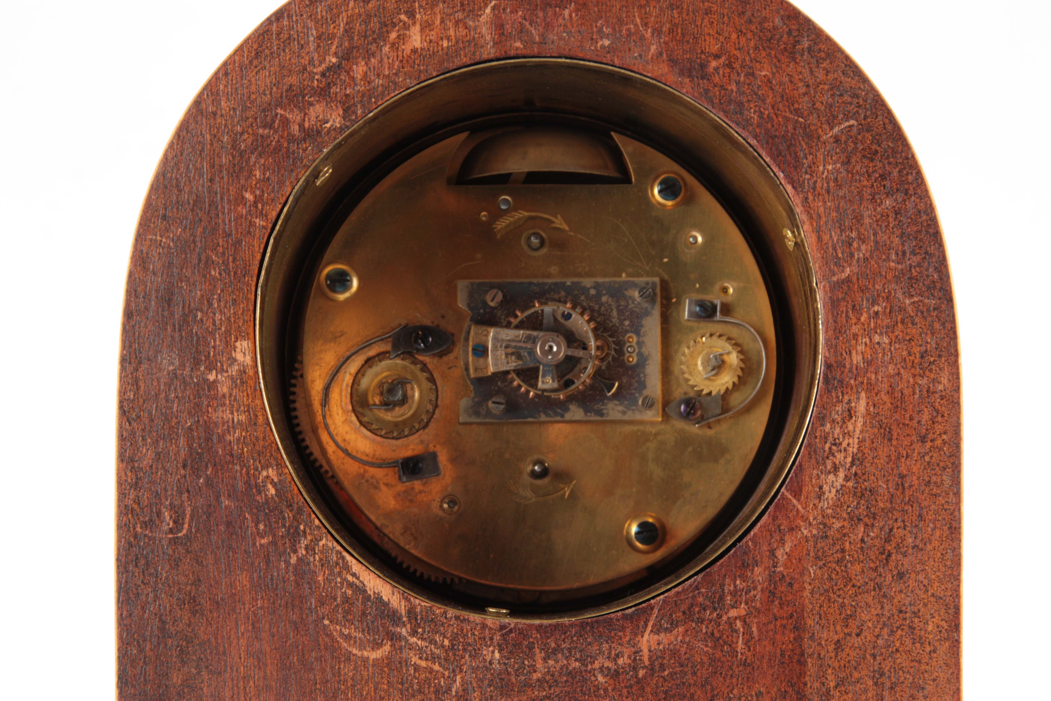 AN UNUSUAL EDWARDIAN SATINWOOD MANTEL ALARM CLOCK the arched case with concave moulded edge and - Image 6 of 7