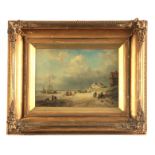 A 19TH CENTURY OIL ON CANVAS OF A CONTINENTAL BEACH SCENE with figures and moored boats, 25.5cm high