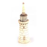 A 19TH CENTURY BONE SCRIMSHAW PICKWICK modelled as a lighthouse, the finial unscrewing to reveal a