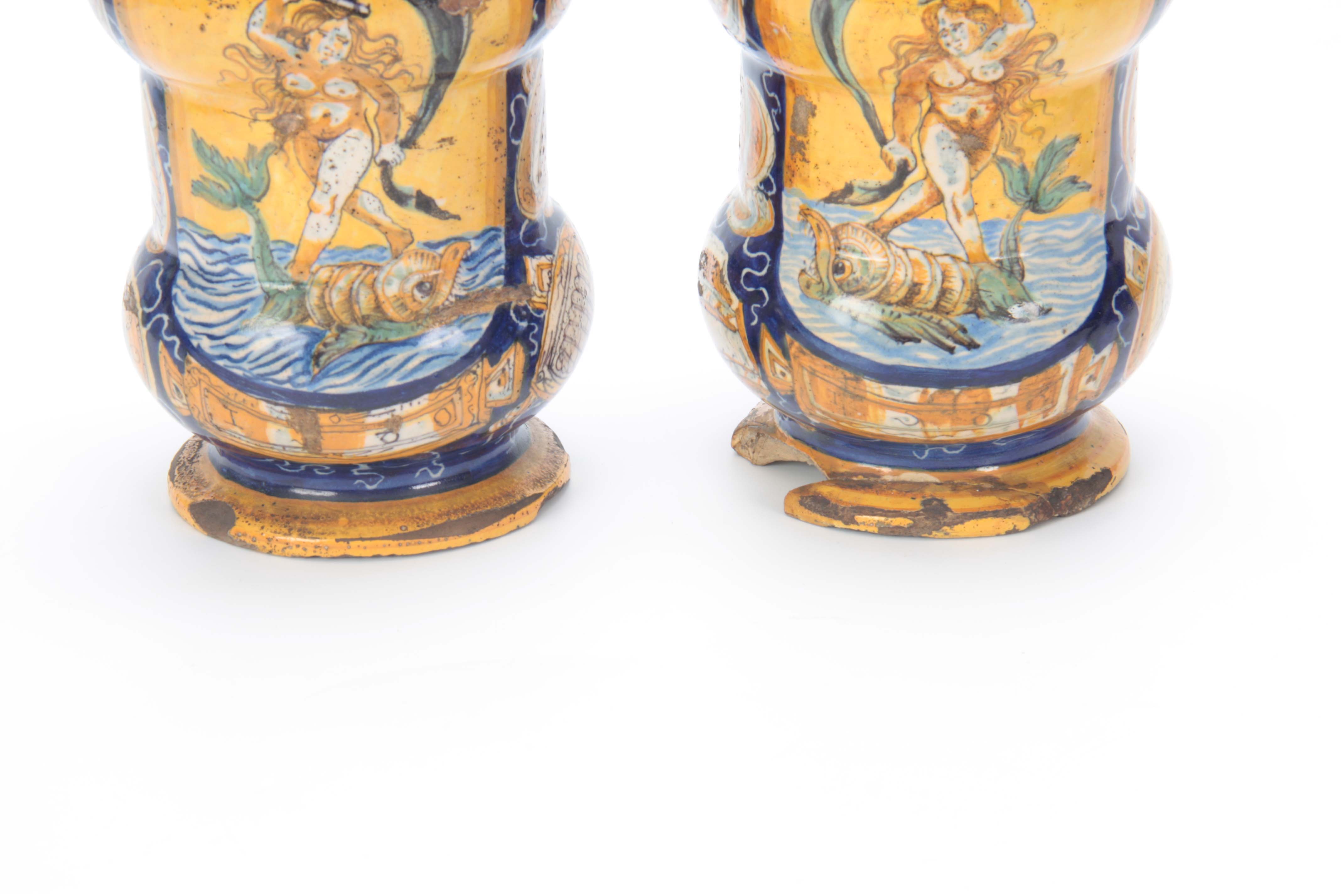 A PAIR OF CASTEL DURANTE MAIOLICA ALBARELLI DATED 1580 each painted with Venus riding a dolphin - Image 5 of 7
