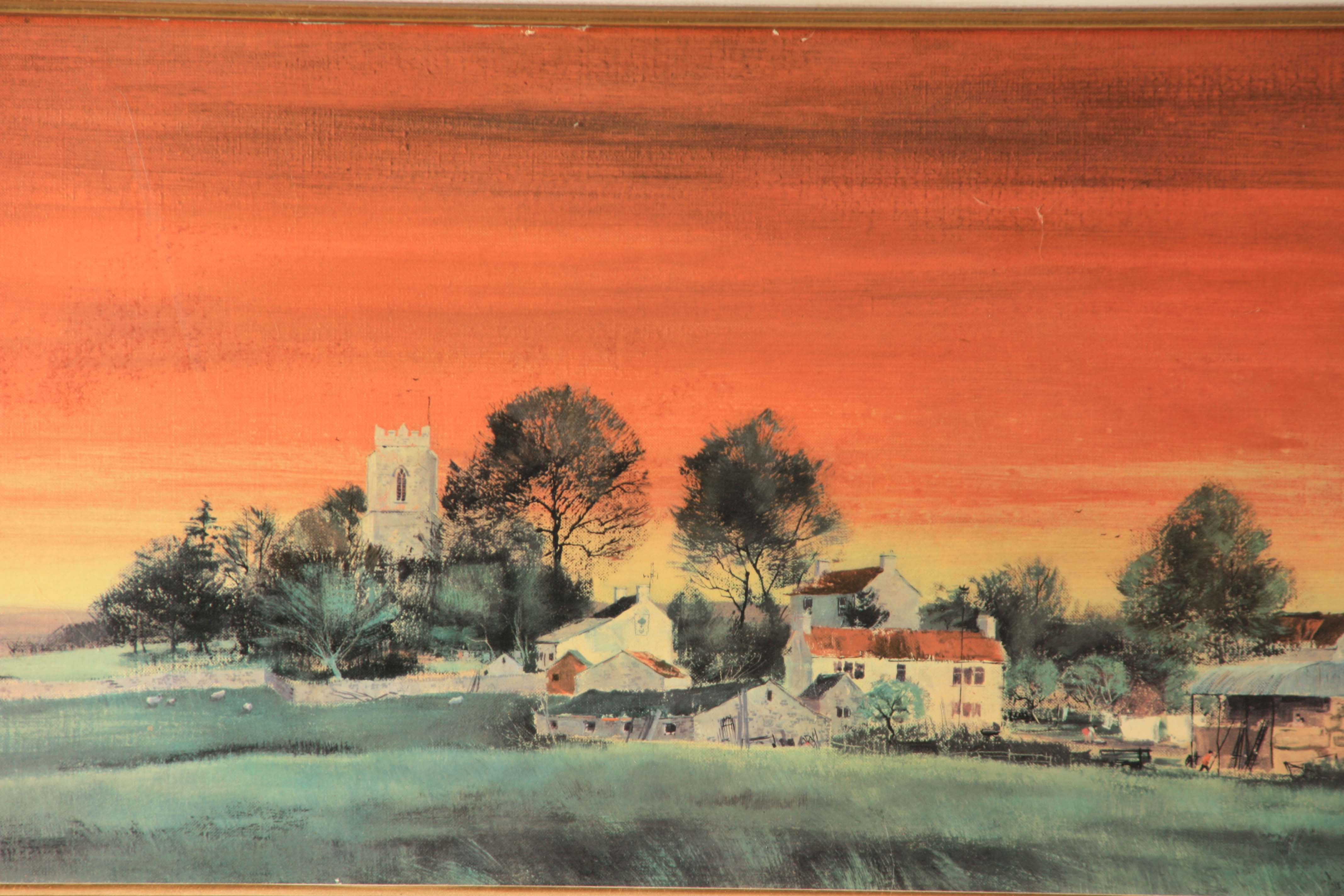 MICHAEL DAVID BARNFATHER BORN 1934 PRINT of a panoramic village scene at sunset, titled - - Image 2 of 6