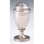 A GEORGE III SILVER POUNCE POT of bulbous form with a screwed pierced domed top, standing on a