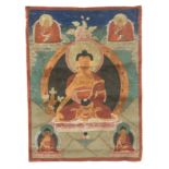 A LARGE TIBETAN THANGKA PAINTING ON LINEN OF SEATED BUDDHA depicting a Buddhist deity scene 72cm