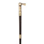 A 19TH CENTURY HUNTING WHIP BY PLEDGE AND SONS having an embossed silver metal collar depicting a