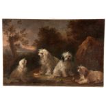 AFTER GEORGE STUBBS, A LATE 18TH CENTURY OIL ON CANVAS depicting four wire-haired terriers set in