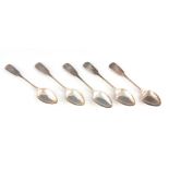 A SET OF FIVE GEORGE III IRISH CRESTED SILVER DESSERT SPOONS by Terry & Williams of Cork, Dublin,