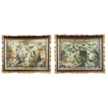 A PAIR OF 19TH CENTURY ORIENTAL REVERSE PAINTED LANDSCAPE SCENES ON GLASS WITH MIRRORED EFFECT