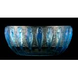 R. LALIQUE, FRANCE A 20TH CENTURY OPALESCENT PERRUCHE BOWL HIGHLIGHTED WITH BLUE STAINING