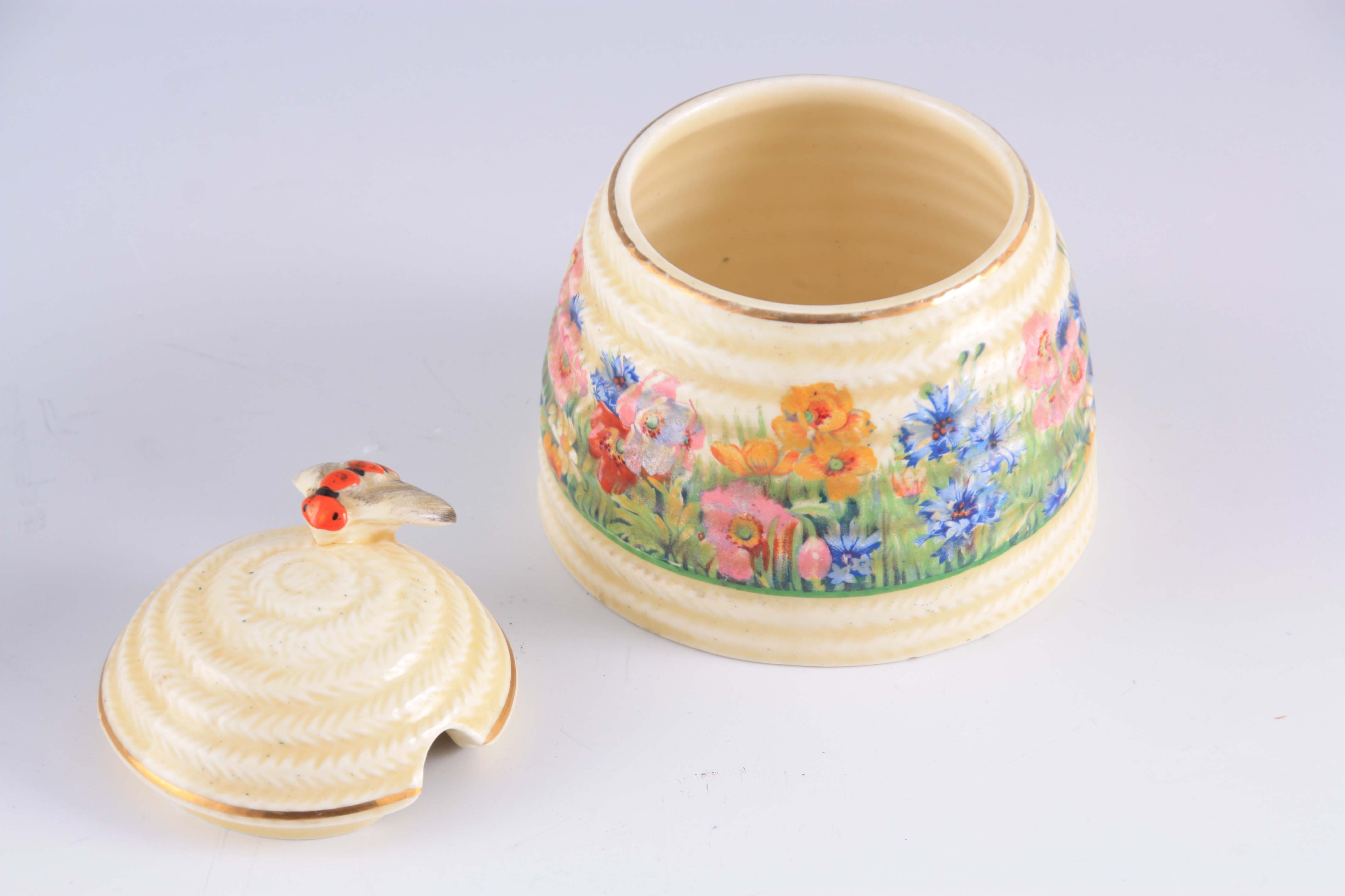 TWO PIECES OF 20TH CENTURY CLARICE CLIFF PORCELAIN comprising of a Honey Pot decorated with spring - Image 4 of 6