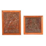TWO 19TH CENTURY FINELY CARVED WALNUT BLACK FOREST HANGING PANELS depicting huntsmen with crossbow