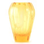 A LARGE AMBER GLASS MOSER ENGRAVED VASE of faceted form with fine deeply engraved decoration