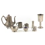A SELECTION OF PEWTERWARE including AN EARLY 17TH CENTURY PEWTER GOBLET with bulbous shaped top on a