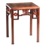 A 19TH CENTURY CHINESE HARWOOD JARDINIERE STAND with panelled top; standing on circular legs