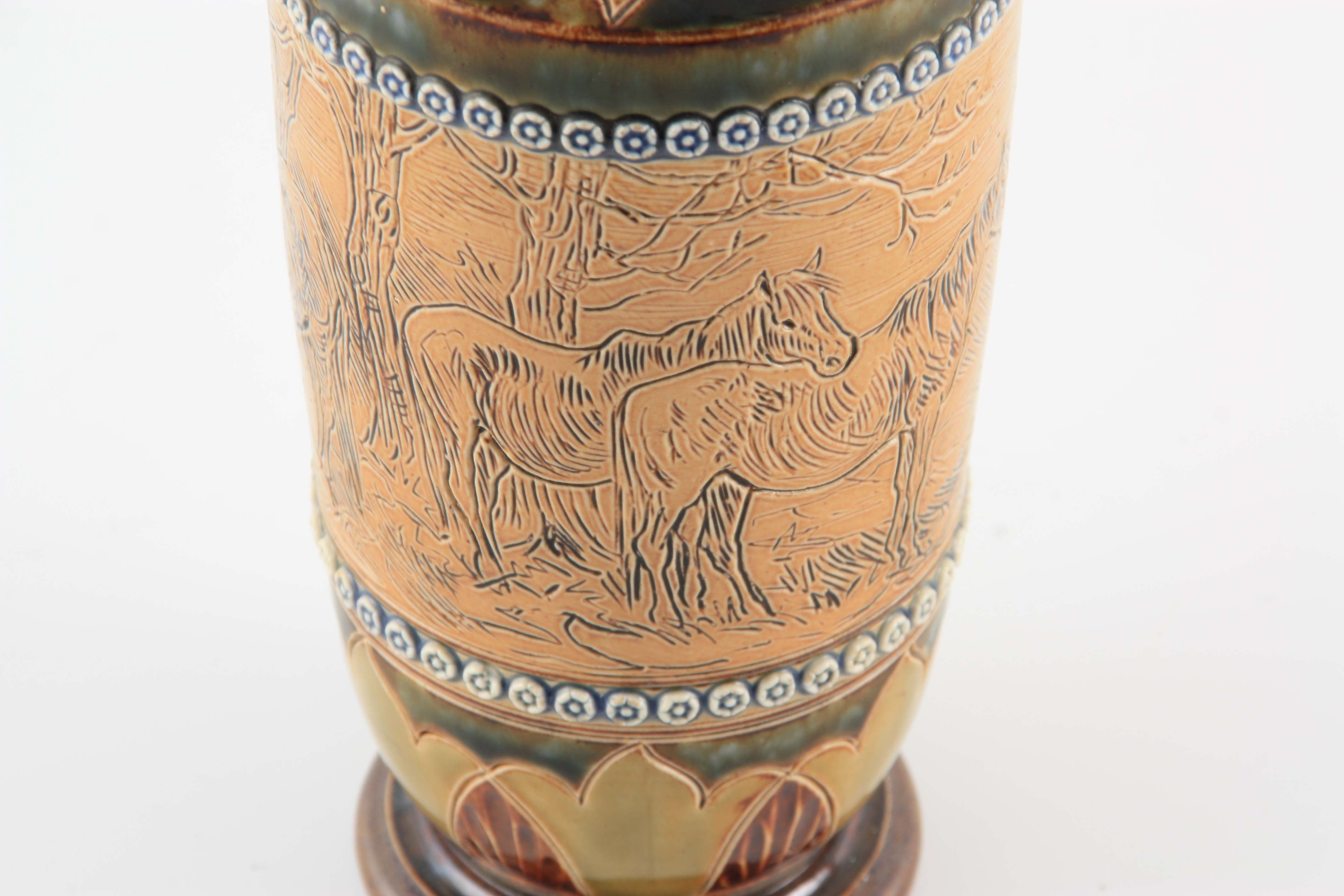 AN EARLY 20TH CENTURY DOULTON LAMBETH STONEWARE VASE BY HANNAH BARLOW decorated with horses having - Image 5 of 9