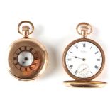 TWO AMERICAN GOLD PLATED WALTHAM POCKET WATCHES the first a half hunter with 15 jewel spring-