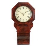 A MID 19TH CENTURY FIGURED MAHOGANY FUSEE WALL CLOCK the drop dial style case with scrolled bottom