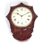 A MID 19TH CENTURY FIGURED MAHOGANY FUSEE DROP DIAL WALL CLOCK the leaf work star-shaped surround