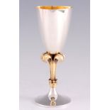 A LATE 20TH CENTURY COMMEMORATIVE SILVER GILT GOBLET the stem formed as the three feathers of the