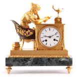 AN EARLY 19TH CENTURY FRENCH BRONZE ORMOLU AND MARBLE FIGURAL MANTEL CLOCK the case having a Verdi