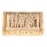 A 19TH CENTURY CONTINENTAL CARVED IVORY SNUFF BOX finely carved with mythological scenes, interior