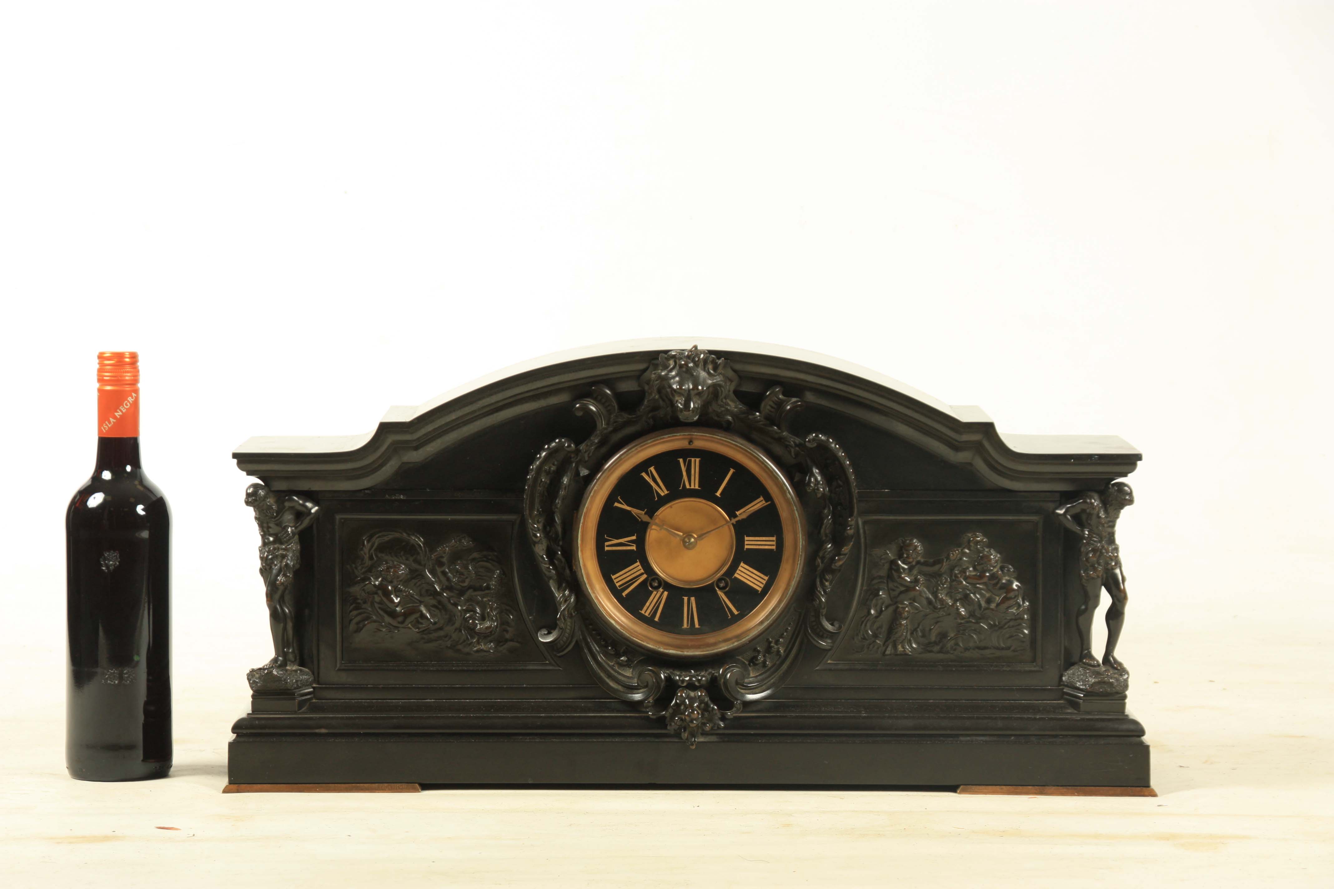 A LARGE LATE 19TH CENTURY BLACK SLATE AND BRONZE MOUNTED MANTEL CLOCK the arched case with moulded - Image 2 of 6